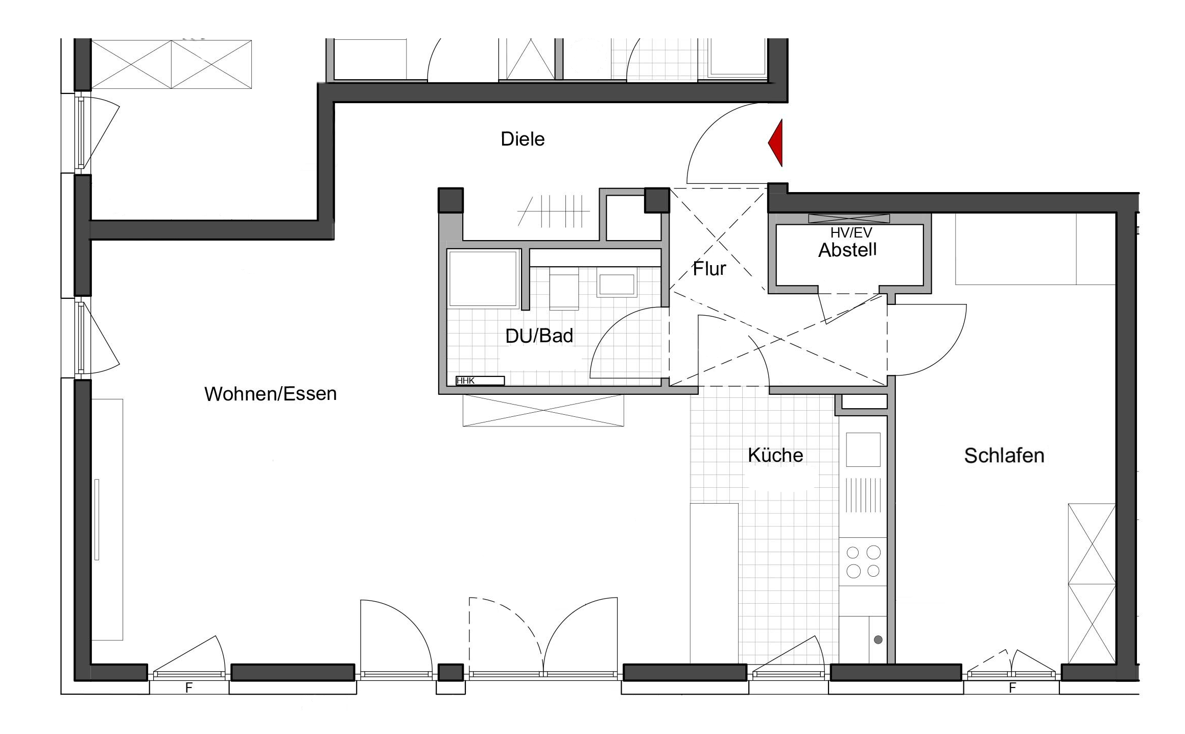 Grundriss einer 2-Zimmer-Wohnung, in der Rauchmelder installiert werden sollen